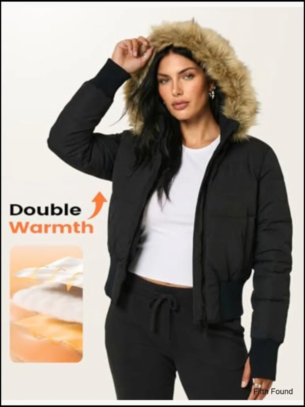 Cropped Puffer Jacket Winter Quilted Faux Fur Hood Bomber Coat - Picture 5 of 7